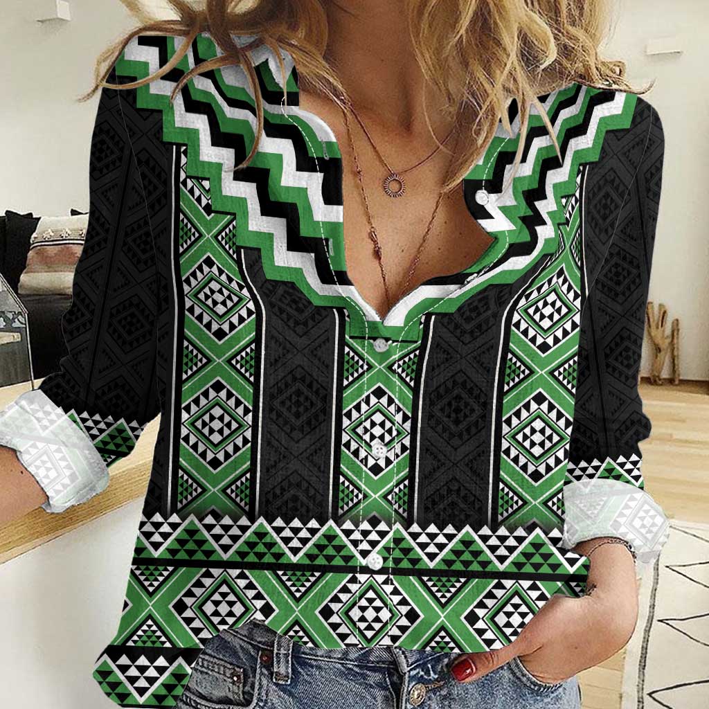 Green Taniko Pattern Aotearoa Women Casual Shirt Niho Taniwha Mix Poutama LT14 Female Green - Polynesian Pride