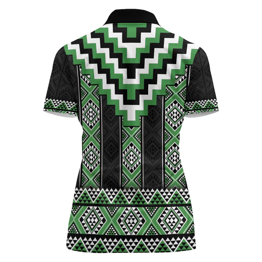 Green Taniko Pattern Aotearoa Women Polo Shirt Niho Taniwha Mix Poutama LT14