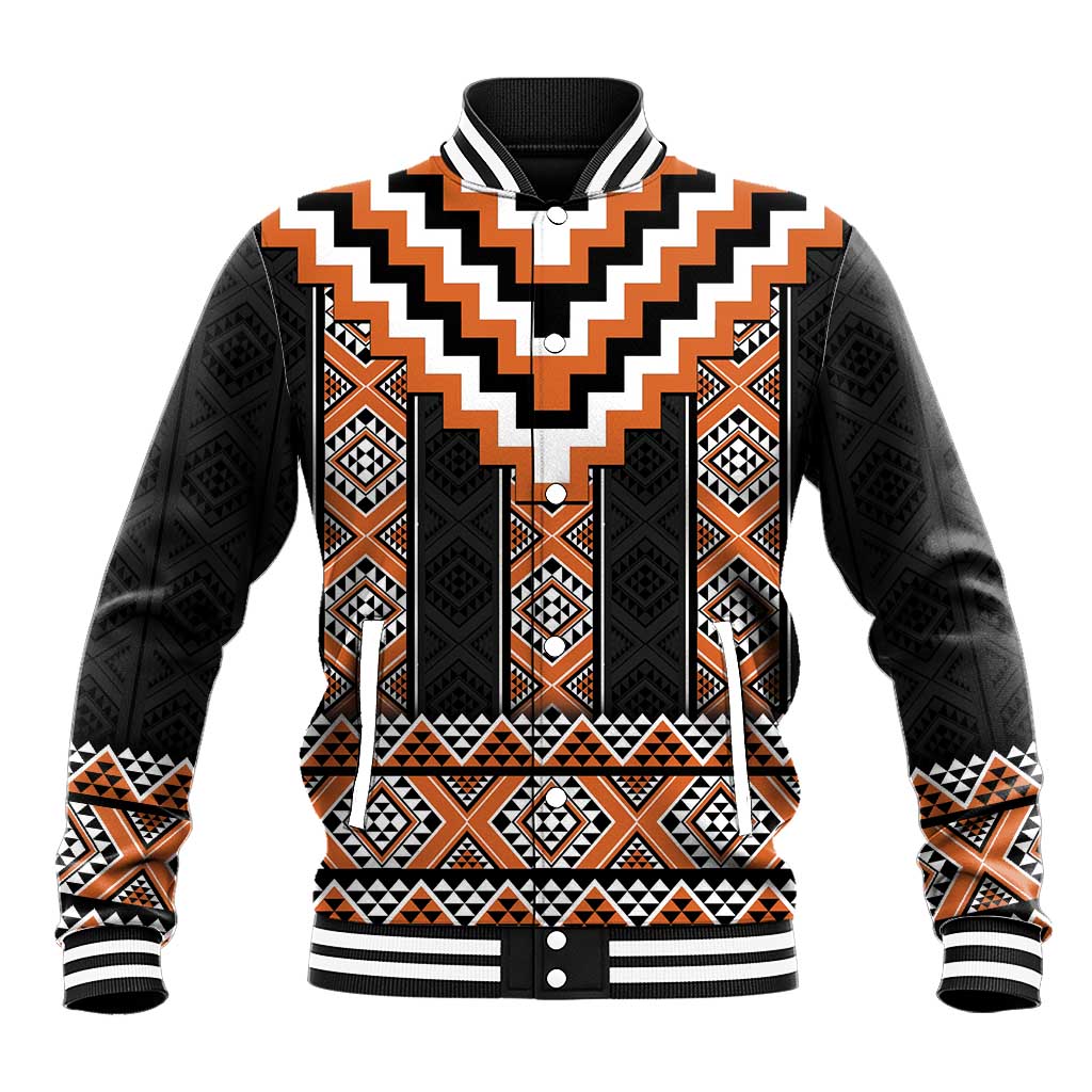 Orange Taniko Pattern Aotearoa Baseball Jacket Niho Taniwha Mix Poutama LT14 Unisex Orange - Polynesian Pride