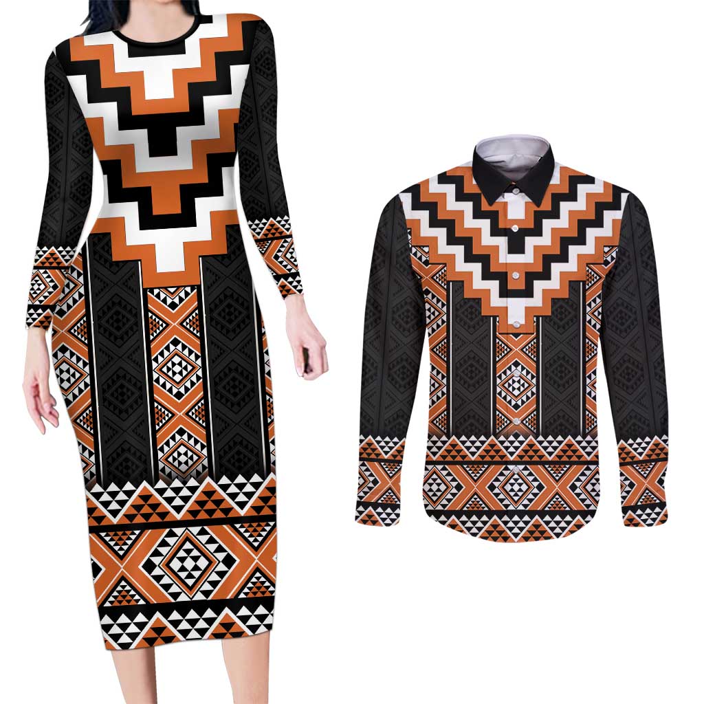 Orange Taniko Pattern Aotearoa Couples Matching Long Sleeve Bodycon Dress and Long Sleeve Button Shirt Niho Taniwha Mix Poutama LT14