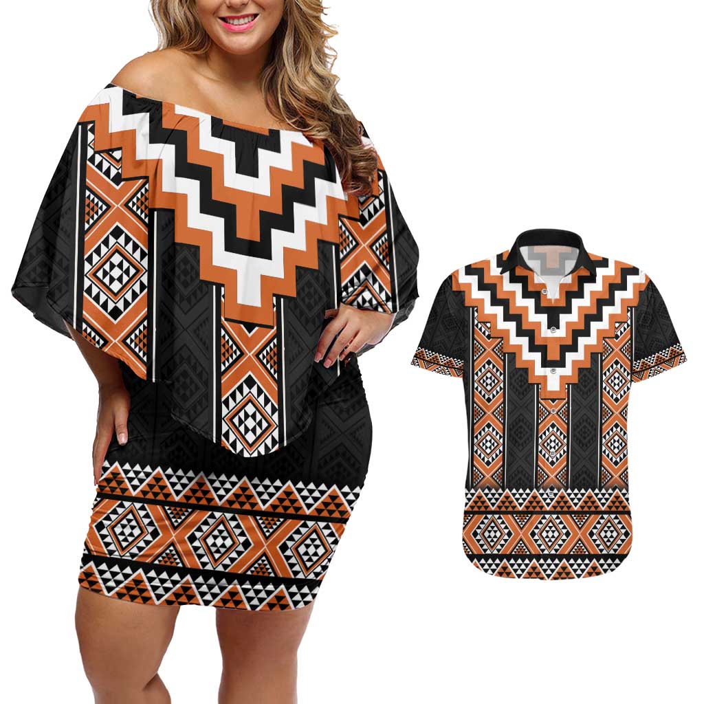 Orange Taniko Pattern Aotearoa Couples Matching Off Shoulder Short Dress and Hawaiian Shirt Niho Taniwha Mix Poutama LT14