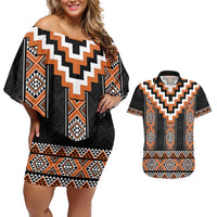 Orange Taniko Pattern Aotearoa Couples Matching Off Shoulder Short Dress and Hawaiian Shirt Niho Taniwha Mix Poutama LT14