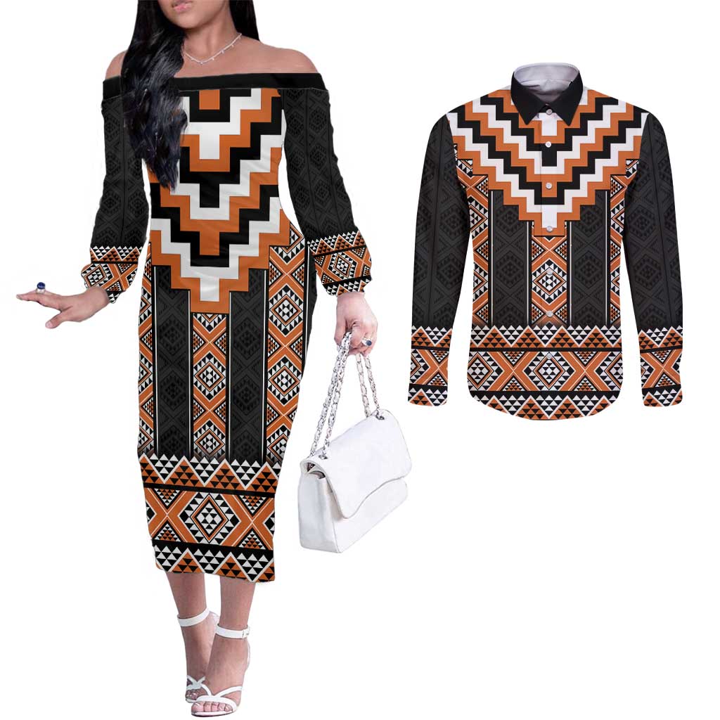 Orange Taniko Pattern Aotearoa Couples Matching Off The Shoulder Long Sleeve Dress and Long Sleeve Button Shirt Niho Taniwha Mix Poutama LT14