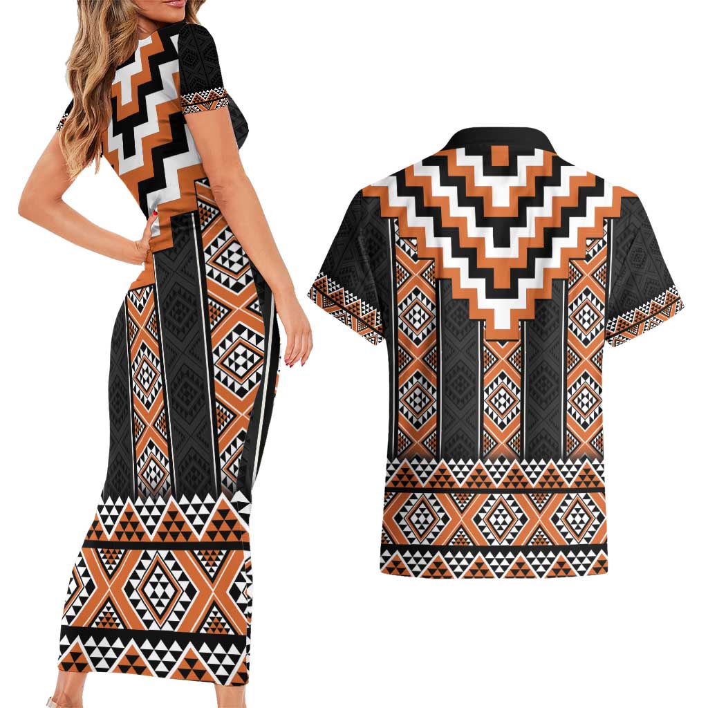 Orange Taniko Pattern Aotearoa Couples Matching Short Sleeve Bodycon Dress and Hawaiian Shirt Niho Taniwha Mix Poutama LT14