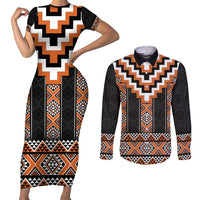Orange Taniko Pattern Aotearoa Couples Matching Short Sleeve Bodycon Dress and Long Sleeve Button Shirt Niho Taniwha Mix Poutama LT14