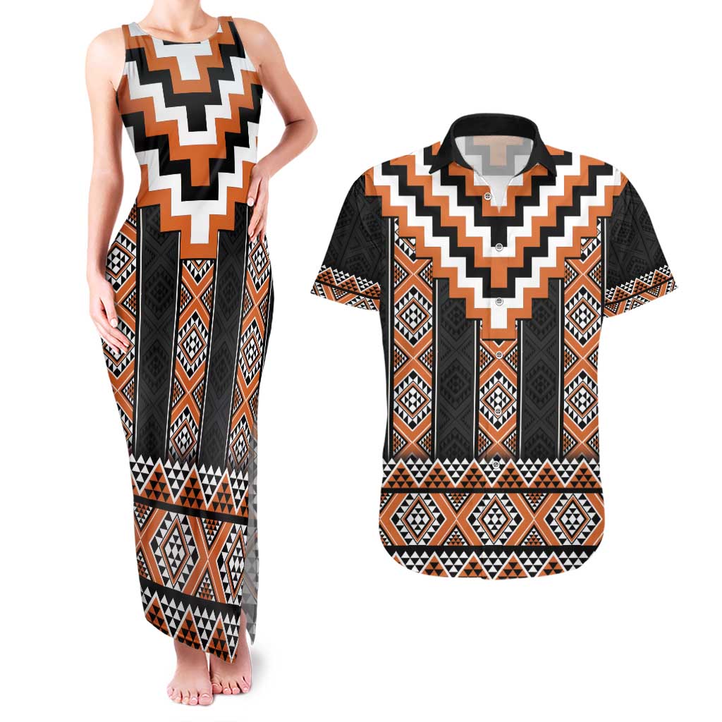 Orange Taniko Pattern Aotearoa Couples Matching Tank Maxi Dress and Hawaiian Shirt Niho Taniwha Mix Poutama LT14