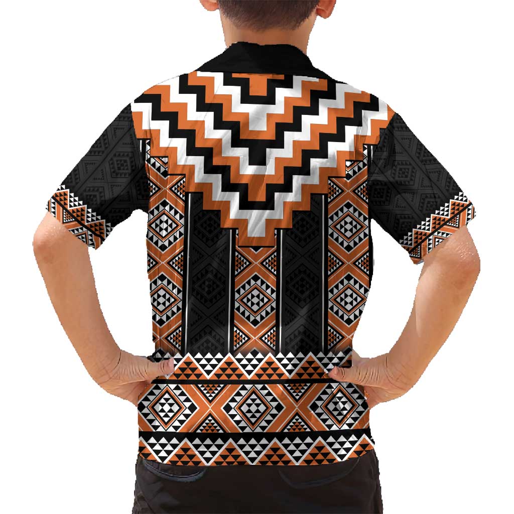 Orange Taniko Pattern Aotearoa Family Matching Long Sleeve Bodycon Dress and Hawaiian Shirt Niho Taniwha Mix Poutama LT14 - Polynesian Pride