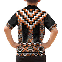 Orange Taniko Pattern Aotearoa Family Matching Long Sleeve Bodycon Dress and Hawaiian Shirt Niho Taniwha Mix Poutama LT14 - Polynesian Pride