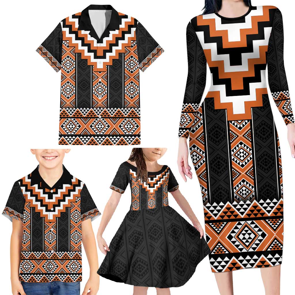 Orange Taniko Pattern Aotearoa Family Matching Long Sleeve Bodycon Dress and Hawaiian Shirt Niho Taniwha Mix Poutama LT14 - Polynesian Pride