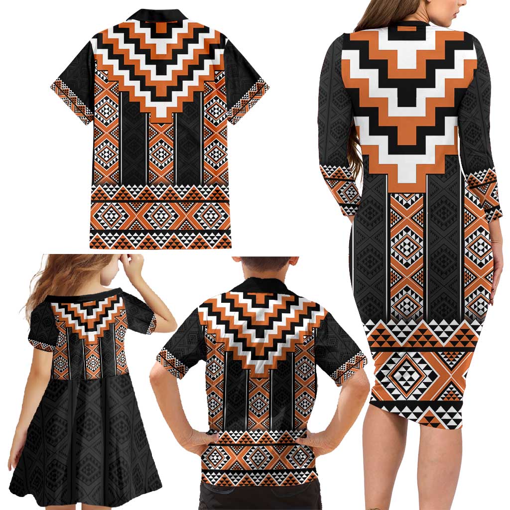 Orange Taniko Pattern Aotearoa Family Matching Long Sleeve Bodycon Dress and Hawaiian Shirt Niho Taniwha Mix Poutama LT14 - Polynesian Pride