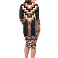 Orange Taniko Pattern Aotearoa Family Matching Long Sleeve Bodycon Dress and Hawaiian Shirt Niho Taniwha Mix Poutama LT14 - Polynesian Pride