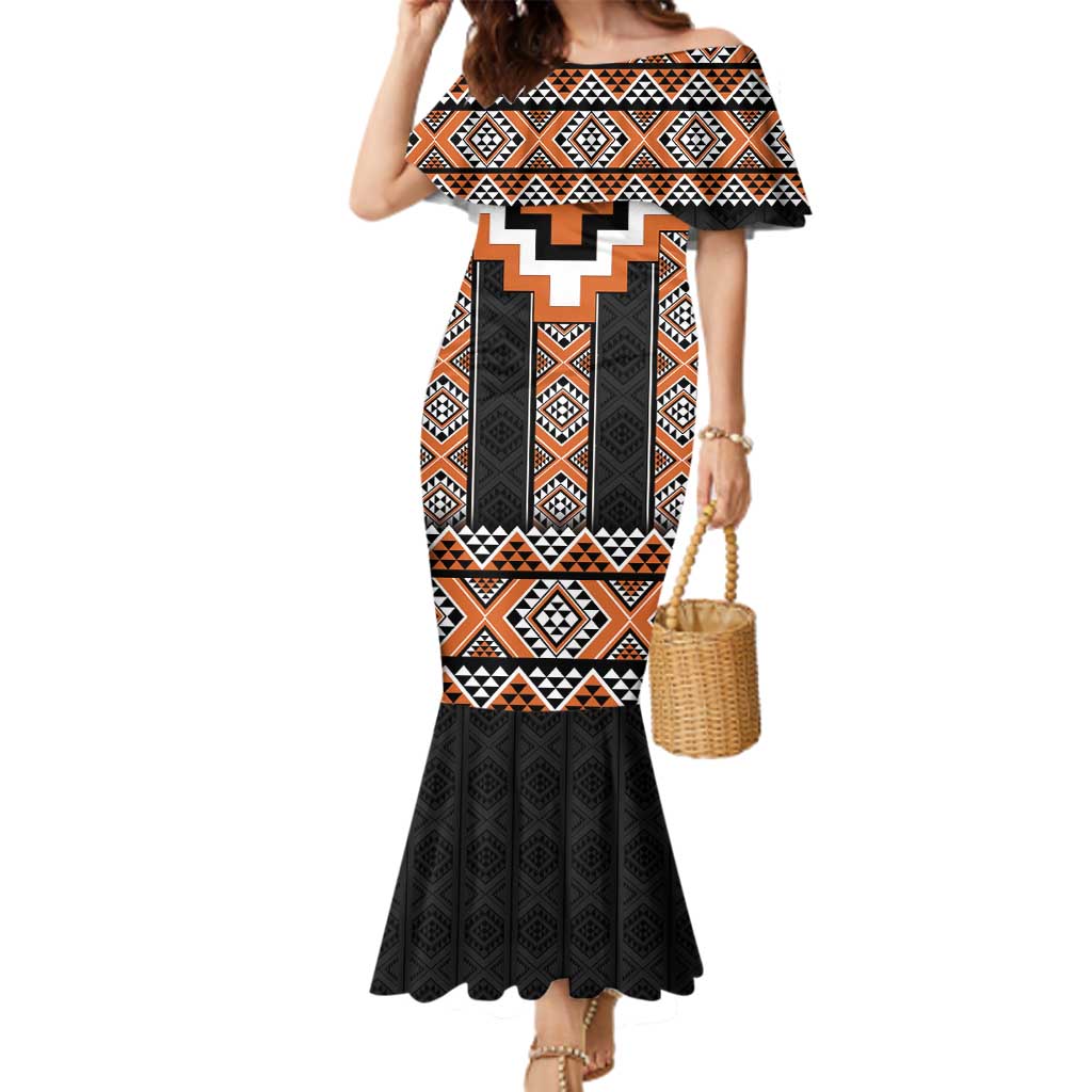 Orange Taniko Pattern Aotearoa Family Matching Mermaid Dress and Hawaiian Shirt Niho Taniwha Mix Poutama LT14 Mom's Dress Orange - Polynesian Pride