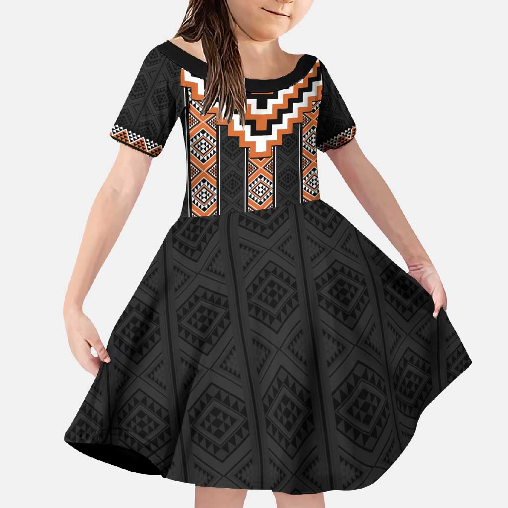Orange Taniko Pattern Aotearoa Family Matching Off Shoulder Maxi Dress and Hawaiian Shirt Niho Taniwha Mix Poutama LT14 Daughter's Dress Orange - Polynesian Pride