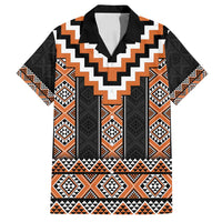 Orange Taniko Pattern Aotearoa Family Matching Off Shoulder Maxi Dress and Hawaiian Shirt Niho Taniwha Mix Poutama LT14 Dad's Shirt - Short Sleeve Orange - Polynesian Pride