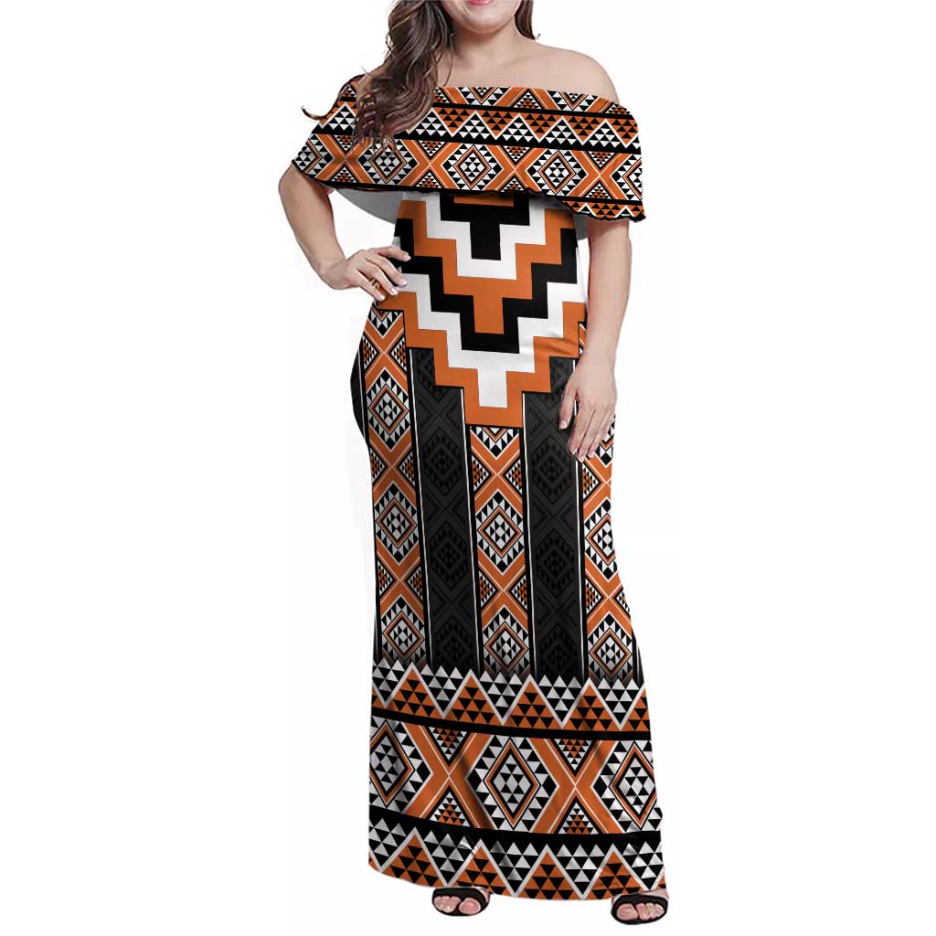 Orange Taniko Pattern Aotearoa Family Matching Off Shoulder Maxi Dress and Hawaiian Shirt Niho Taniwha Mix Poutama LT14 Mom's Dress Orange - Polynesian Pride