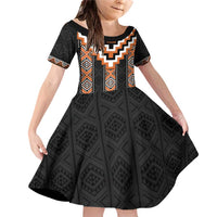 Orange Taniko Pattern Aotearoa Family Matching Off Shoulder Short Dress and Hawaiian Shirt Niho Taniwha Mix Poutama LT14 Daughter's Dress Orange - Polynesian Pride