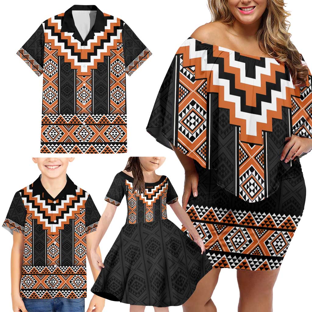 Orange Taniko Pattern Aotearoa Family Matching Off Shoulder Short Dress and Hawaiian Shirt Niho Taniwha Mix Poutama LT14 - Polynesian Pride