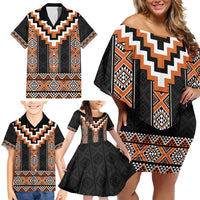 Orange Taniko Pattern Aotearoa Family Matching Off Shoulder Short Dress and Hawaiian Shirt Niho Taniwha Mix Poutama LT14 - Polynesian Pride