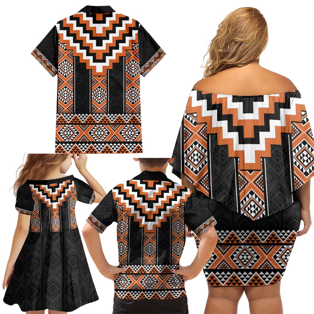 Orange Taniko Pattern Aotearoa Family Matching Off Shoulder Short Dress and Hawaiian Shirt Niho Taniwha Mix Poutama LT14 - Polynesian Pride