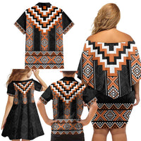 Orange Taniko Pattern Aotearoa Family Matching Off Shoulder Short Dress and Hawaiian Shirt Niho Taniwha Mix Poutama LT14 - Polynesian Pride