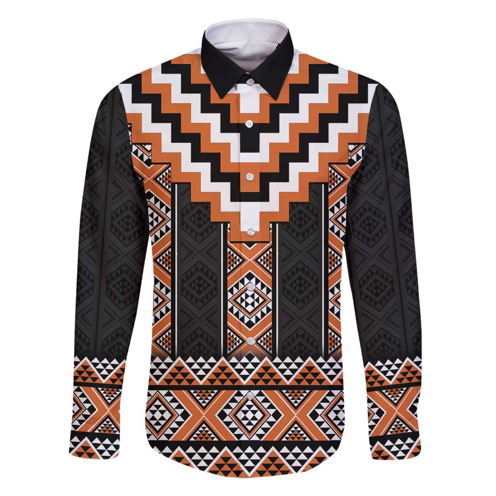 Orange Taniko Pattern Aotearoa Family Matching Off Shoulder Short Dress and Hawaiian Shirt Niho Taniwha Mix Poutama LT14 Dad's Shirt - Long Sleeve Orange - Polynesian Pride