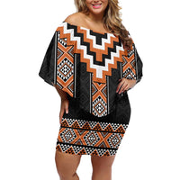 Orange Taniko Pattern Aotearoa Family Matching Off Shoulder Short Dress and Hawaiian Shirt Niho Taniwha Mix Poutama LT14 Mom's Dress Orange - Polynesian Pride