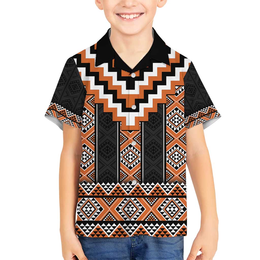 Orange Taniko Pattern Aotearoa Family Matching Off Shoulder Short Dress and Hawaiian Shirt Niho Taniwha Mix Poutama LT14 Son's Shirt Orange - Polynesian Pride