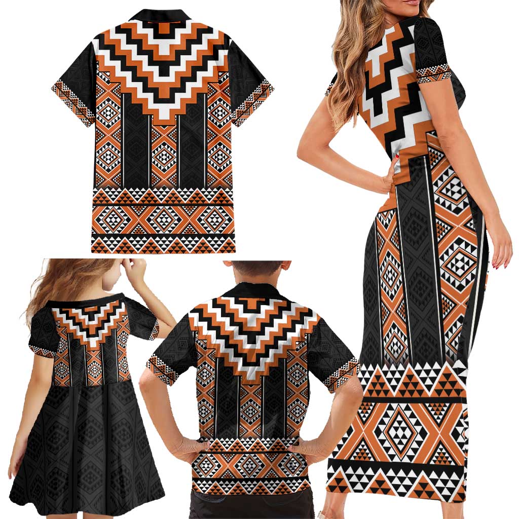 Orange Taniko Pattern Aotearoa Family Matching Short Sleeve Bodycon Dress and Hawaiian Shirt Niho Taniwha Mix Poutama LT14 - Polynesian Pride