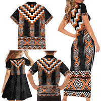 Orange Taniko Pattern Aotearoa Family Matching Short Sleeve Bodycon Dress and Hawaiian Shirt Niho Taniwha Mix Poutama LT14 - Polynesian Pride