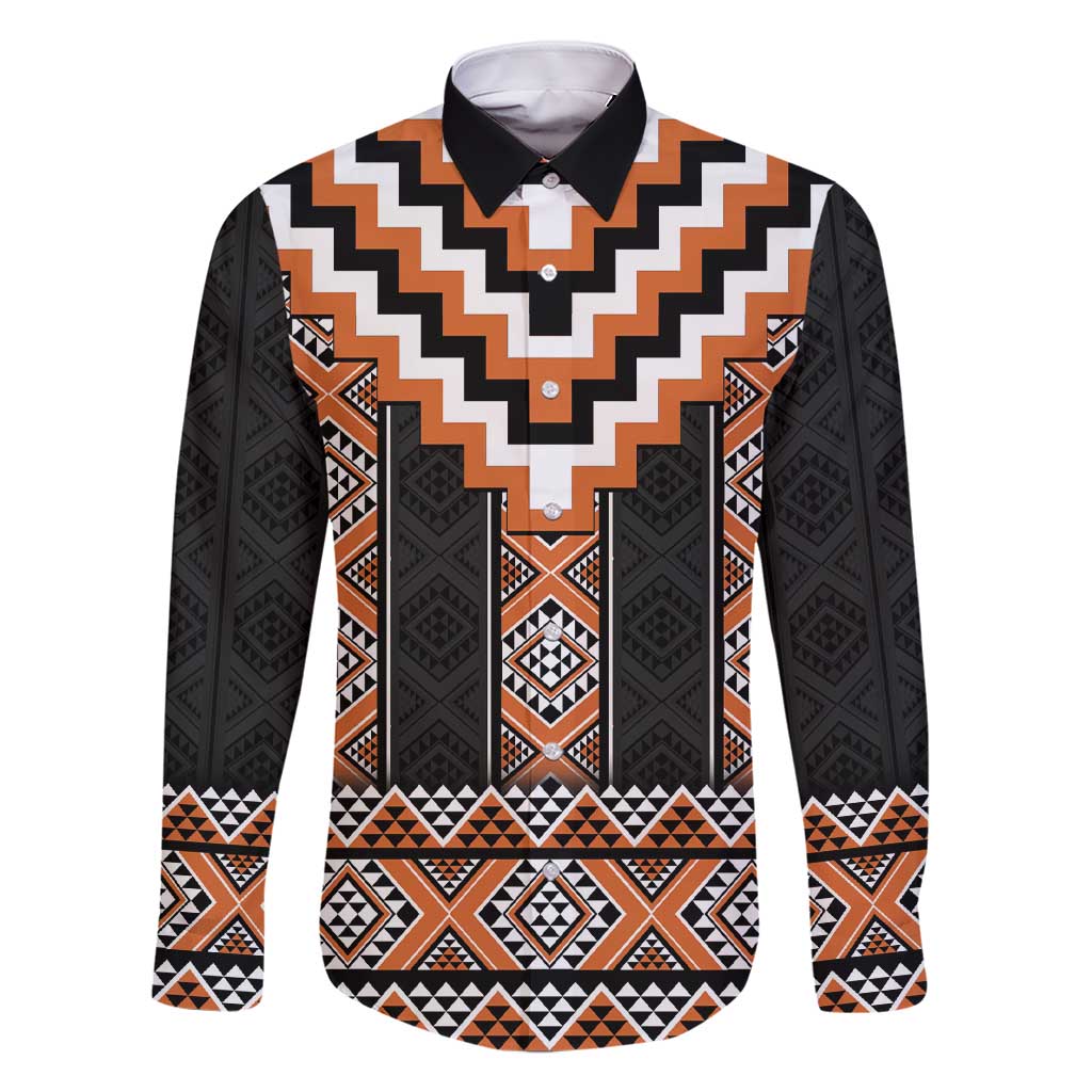 Orange Taniko Pattern Aotearoa Family Matching Short Sleeve Bodycon Dress and Hawaiian Shirt Niho Taniwha Mix Poutama LT14 Dad's Shirt - Long Sleeve Orange - Polynesian Pride