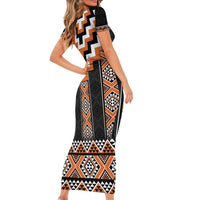 Orange Taniko Pattern Aotearoa Family Matching Short Sleeve Bodycon Dress and Hawaiian Shirt Niho Taniwha Mix Poutama LT14 - Polynesian Pride