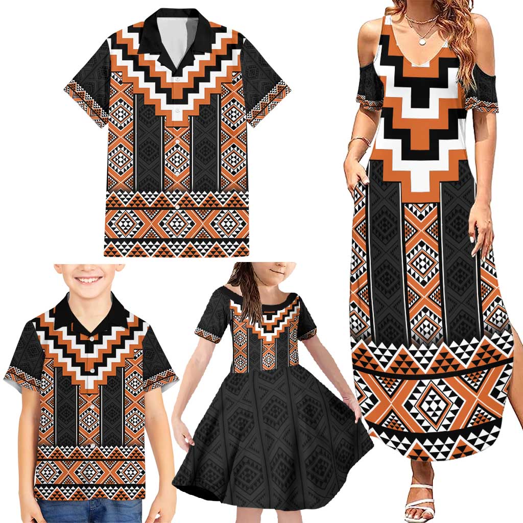 Orange Taniko Pattern Aotearoa Family Matching Summer Maxi Dress and Hawaiian Shirt Niho Taniwha Mix Poutama LT14 - Polynesian Pride