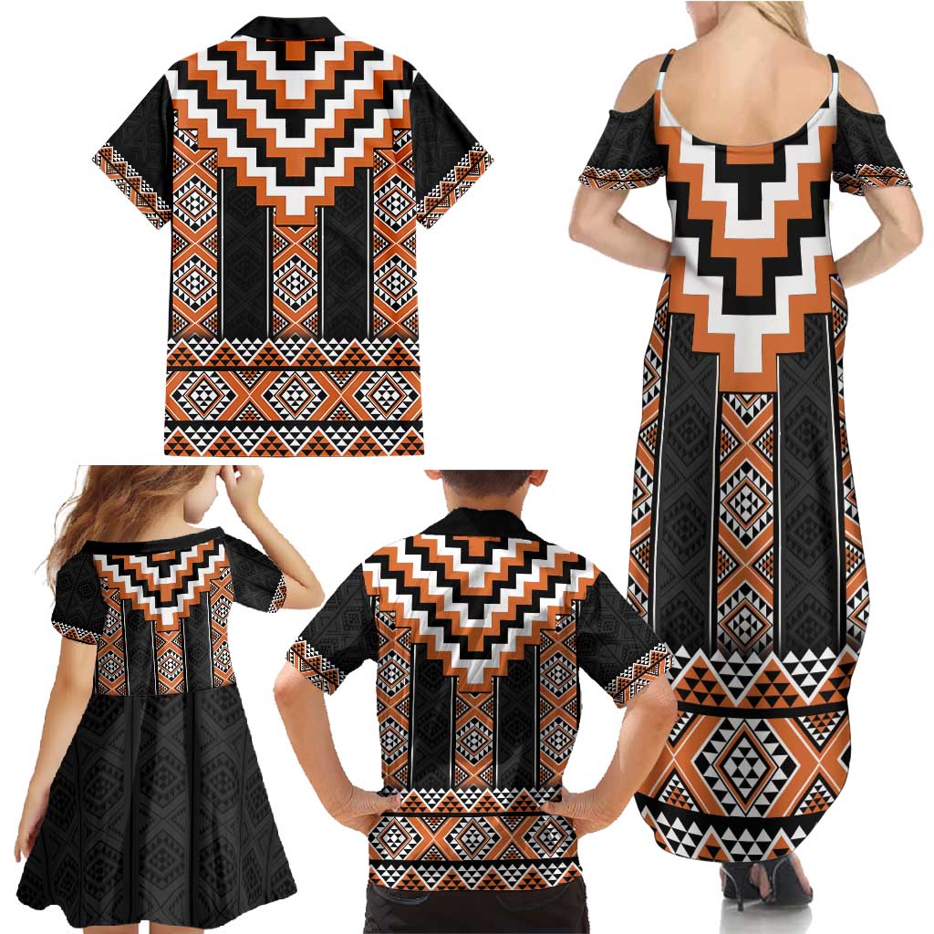 Orange Taniko Pattern Aotearoa Family Matching Summer Maxi Dress and Hawaiian Shirt Niho Taniwha Mix Poutama LT14 - Polynesian Pride