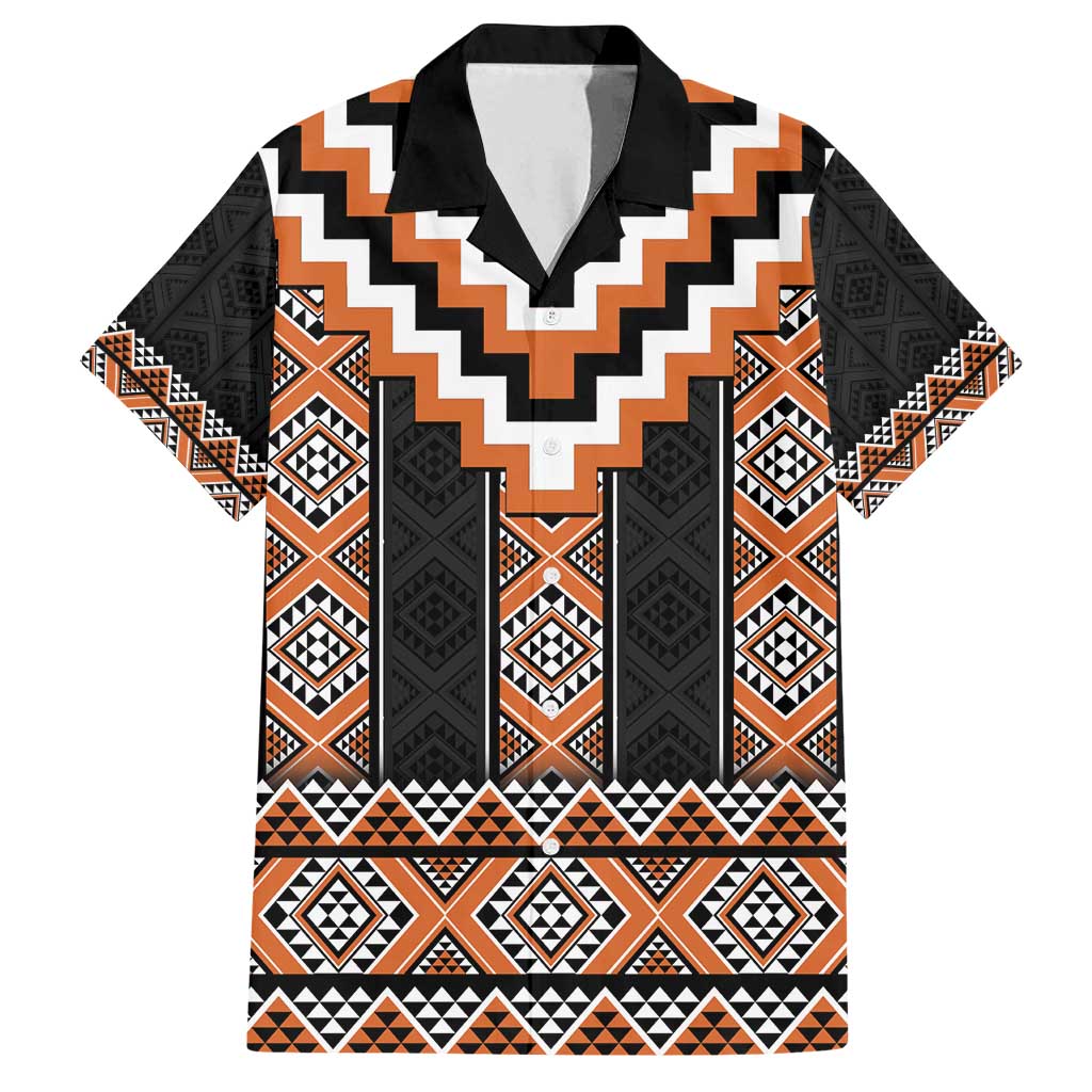 Orange Taniko Pattern Aotearoa Family Matching Summer Maxi Dress and Hawaiian Shirt Niho Taniwha Mix Poutama LT14 Dad's Shirt - Short Sleeve Orange - Polynesian Pride