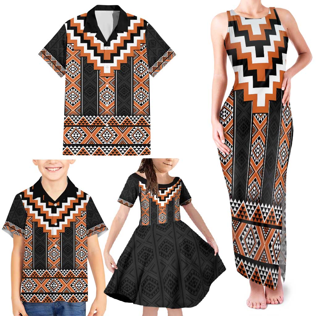 Orange Taniko Pattern Aotearoa Family Matching Tank Maxi Dress and Hawaiian Shirt Niho Taniwha Mix Poutama LT14 - Polynesian Pride