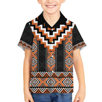 Orange Taniko Pattern Aotearoa Family Matching Tank Maxi Dress and Hawaiian Shirt Niho Taniwha Mix Poutama LT14 Son's Shirt Orange - Polynesian Pride