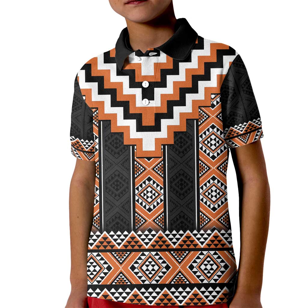 Orange Taniko Pattern Aotearoa Kid Polo Shirt Niho Taniwha Mix Poutama LT14 Kid Orange - Polynesian Pride