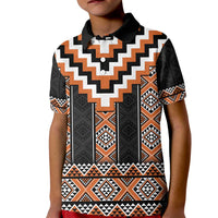 Orange Taniko Pattern Aotearoa Kid Polo Shirt Niho Taniwha Mix Poutama LT14 Kid Orange - Polynesian Pride