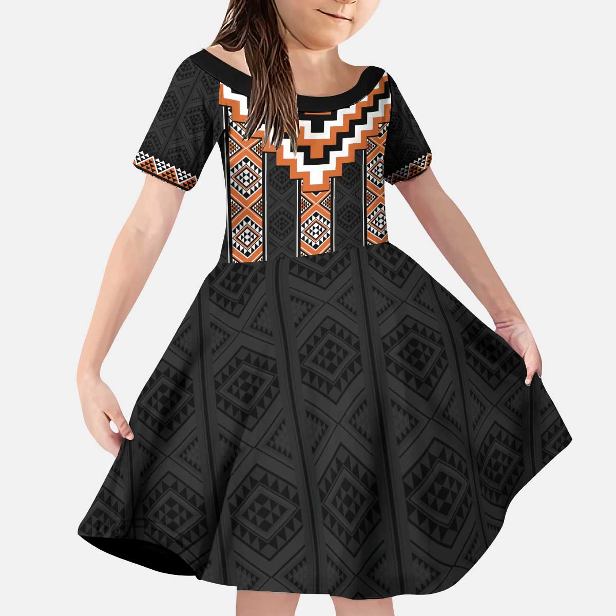 Orange Taniko Pattern Aotearoa Kid Short Sleeve Dress Niho Taniwha Mix Poutama LT14 KID Orange - Polynesian Pride