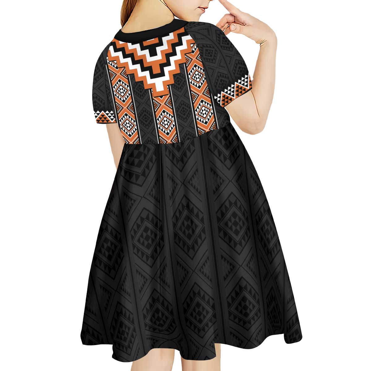 Orange Taniko Pattern Aotearoa Kid Short Sleeve Dress Niho Taniwha Mix Poutama LT14 - Polynesian Pride