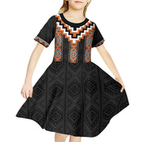 Orange Taniko Pattern Aotearoa Kid Short Sleeve Dress Niho Taniwha Mix Poutama LT14 - Polynesian Pride