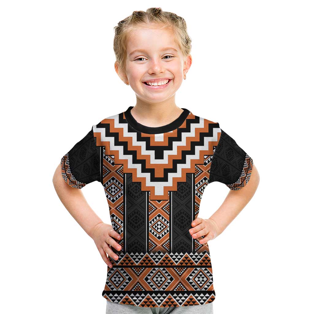 Orange Taniko Pattern Aotearoa Kid T Shirt Niho Taniwha Mix Poutama LT14 Orange - Polynesian Pride