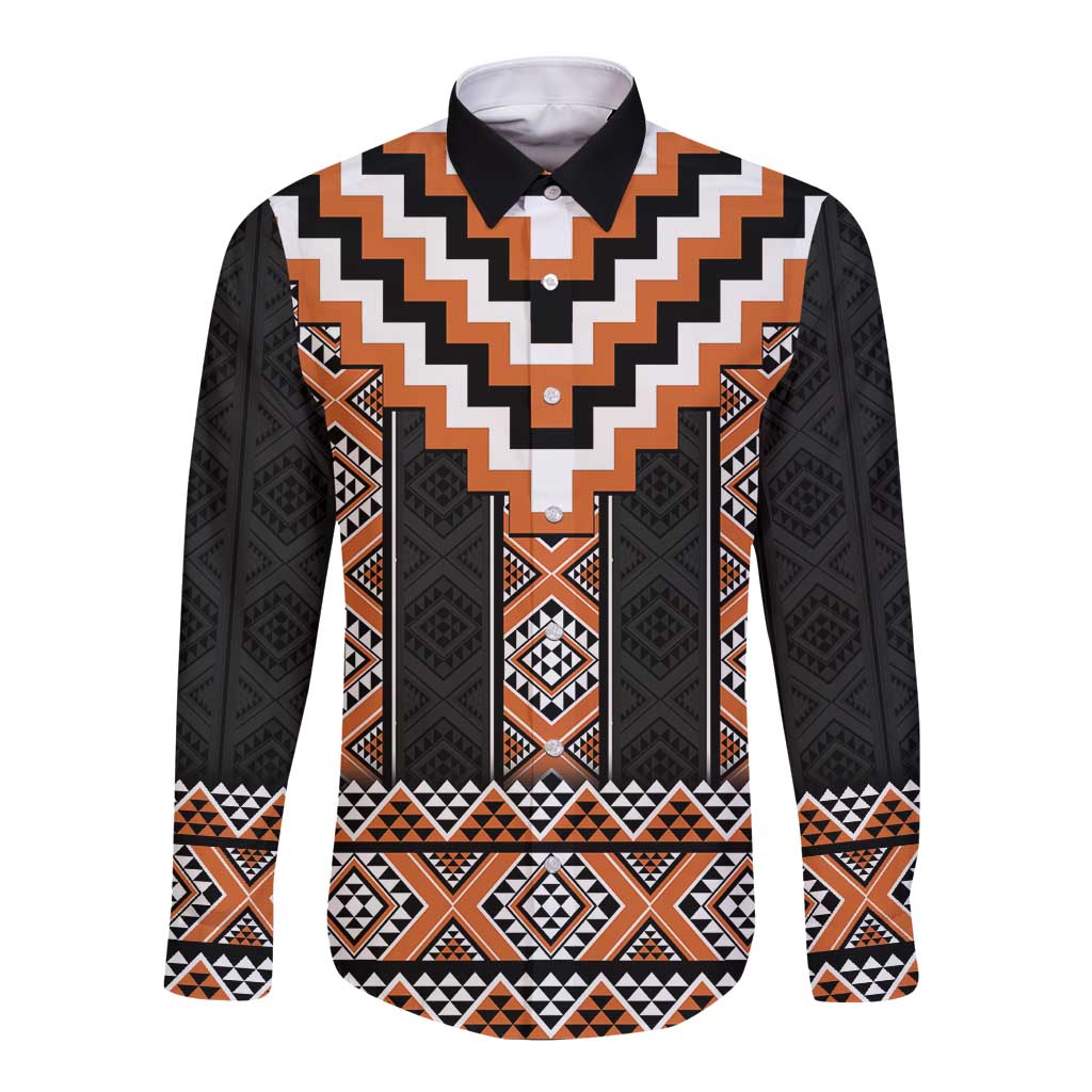 Orange Taniko Pattern Aotearoa Long Sleeve Button Shirt Niho Taniwha Mix Poutama LT14