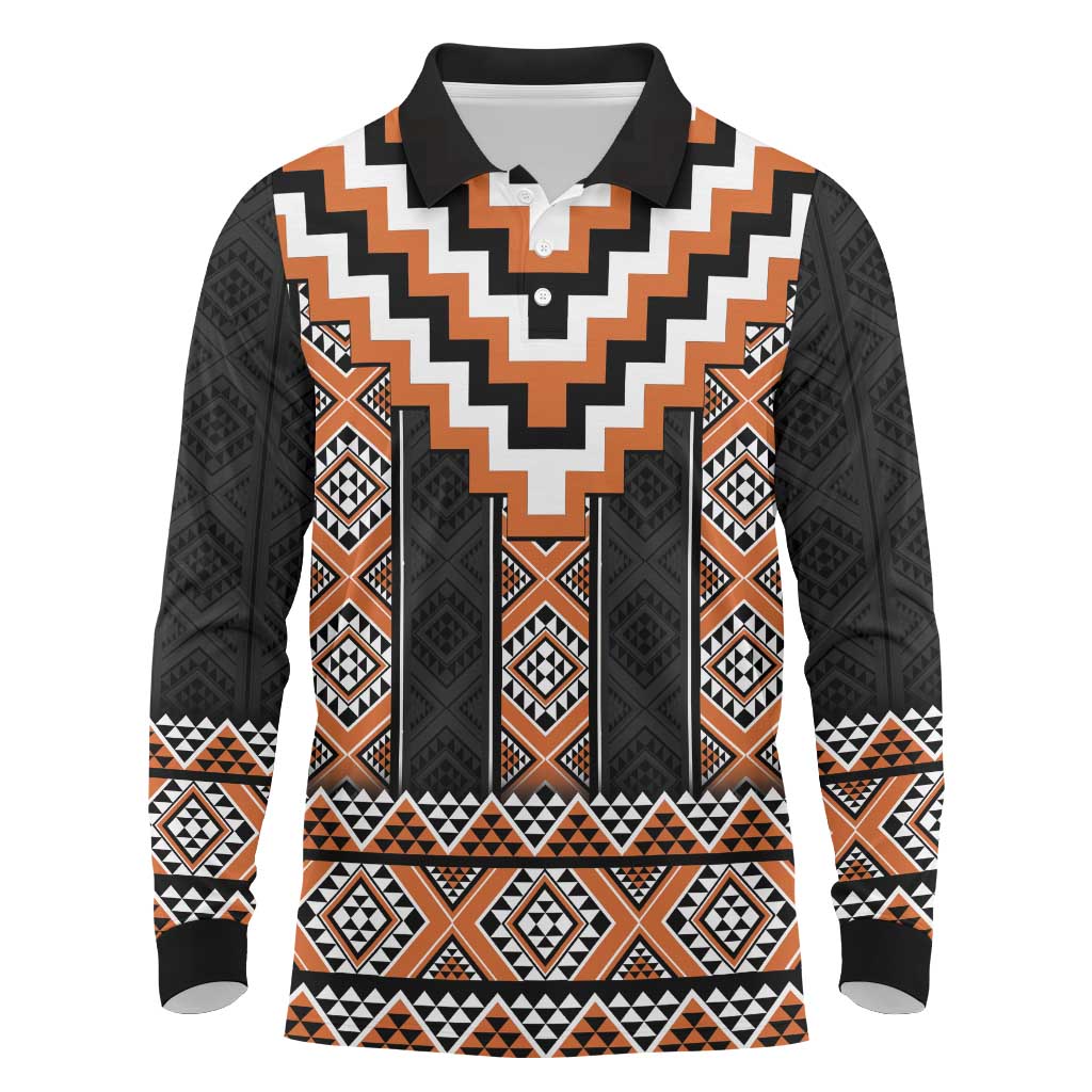 Orange Taniko Pattern Aotearoa Long Sleeve Polo Shirt Niho Taniwha Mix Poutama LT14 Orange - Polynesian Pride