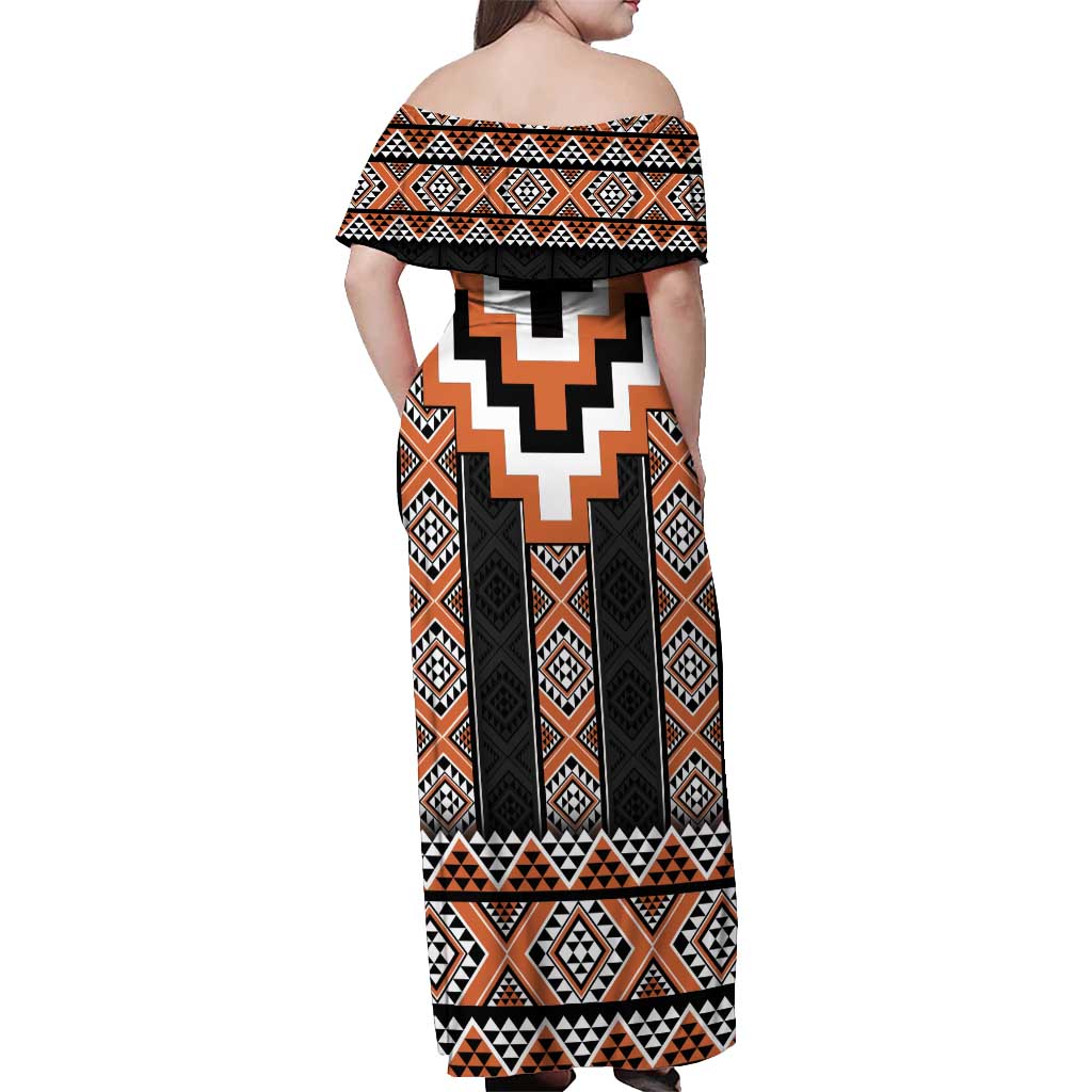 Orange Taniko Pattern Aotearoa Off Shoulder Maxi Dress Niho Taniwha Mix Poutama LT14 - Polynesian Pride