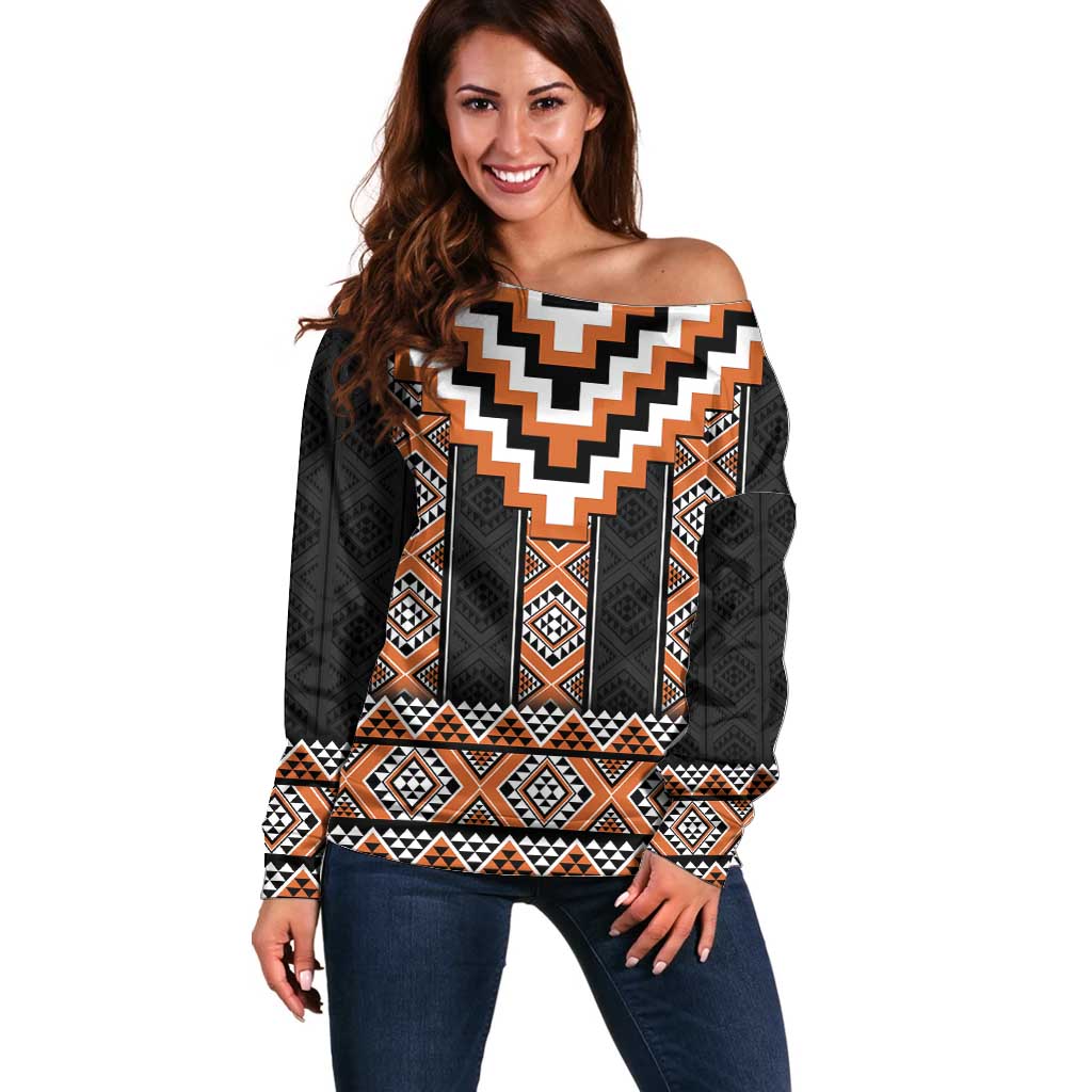 Orange Taniko Pattern Aotearoa Off Shoulder Sweater Niho Taniwha Mix Poutama LT14