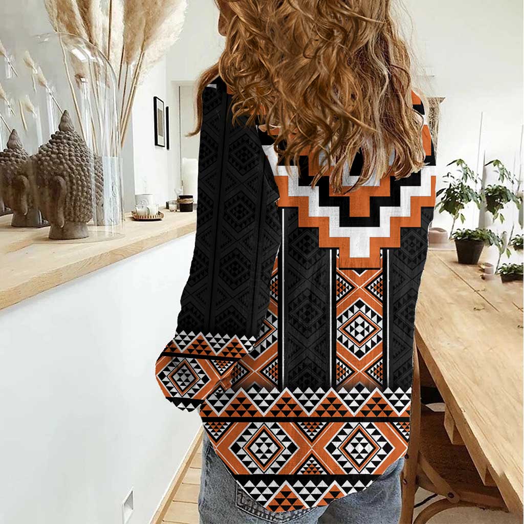 Orange Taniko Pattern Aotearoa Women Casual Shirt Niho Taniwha Mix Poutama LT14 - Polynesian Pride