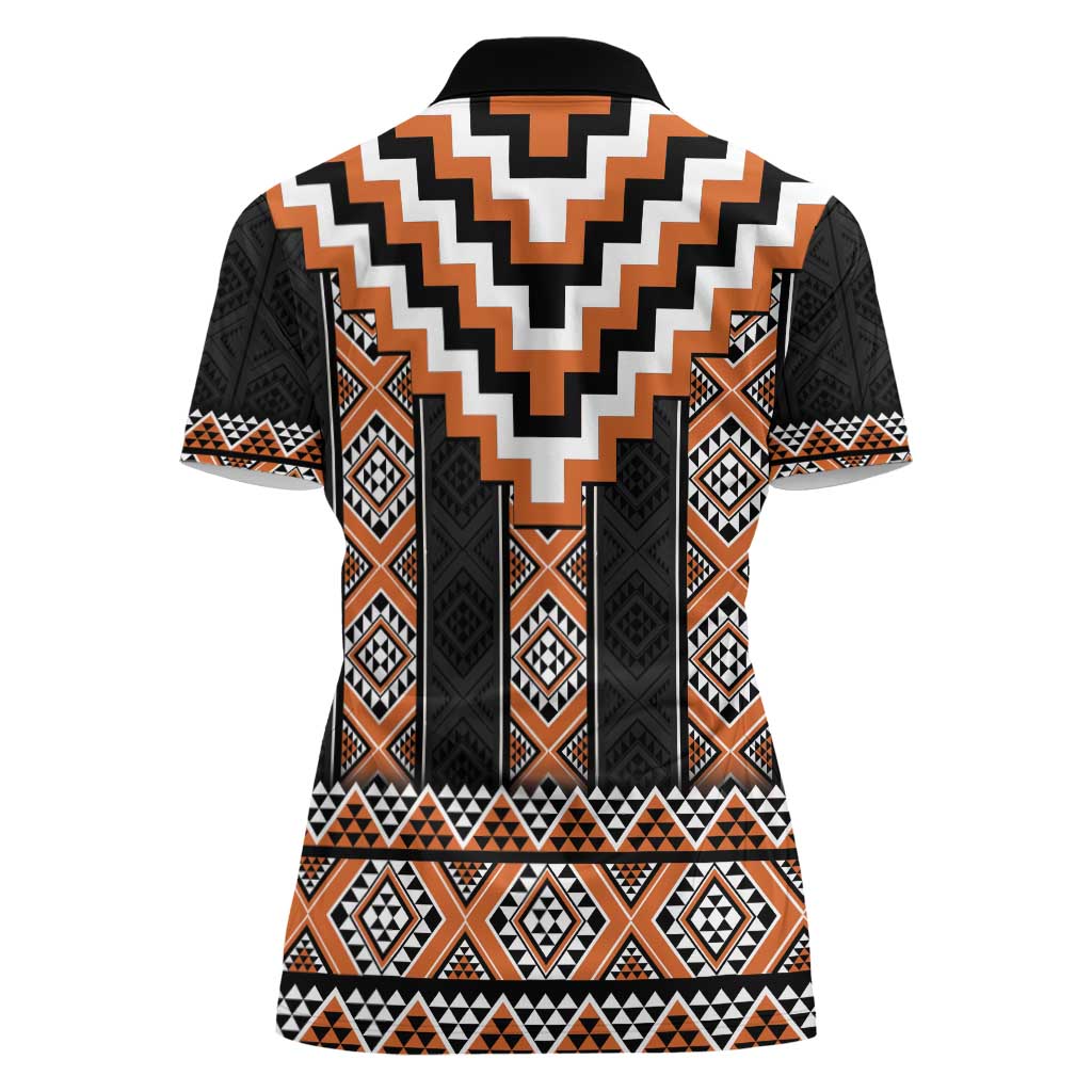Orange Taniko Pattern Aotearoa Women Polo Shirt Niho Taniwha Mix Poutama LT14