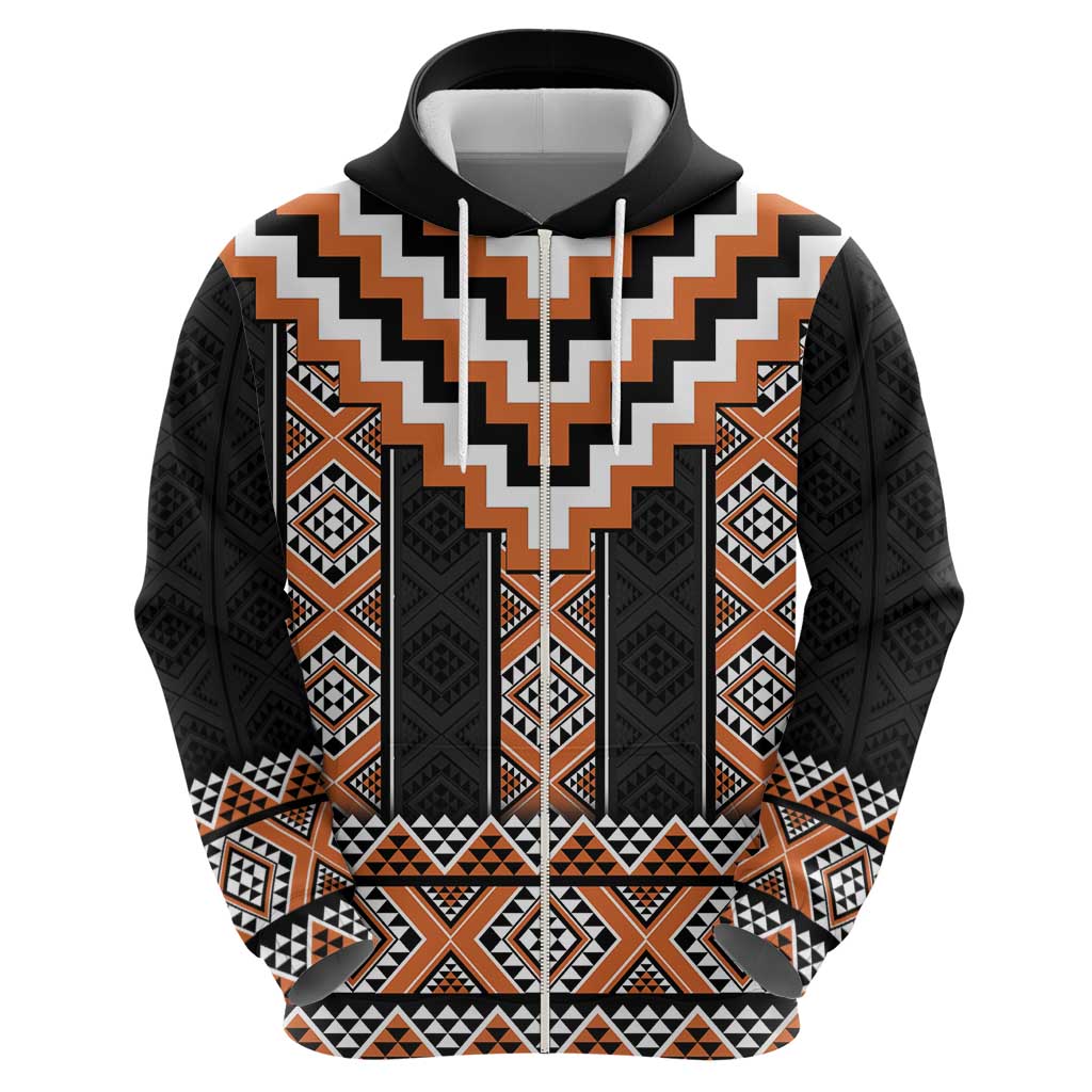 Orange Taniko Pattern Aotearoa Zip Hoodie Niho Taniwha Mix Poutama LT14