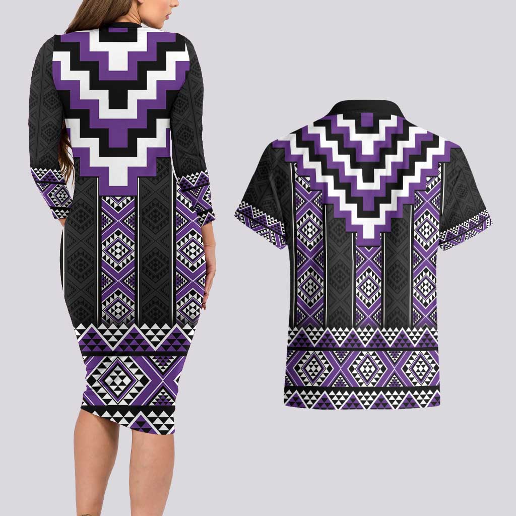 Purple Taniko Pattern Aotearoa Couples Matching Long Sleeve Bodycon Dress and Hawaiian Shirt Niho Taniwha Mix Poutama LT14 - Polynesian Pride
